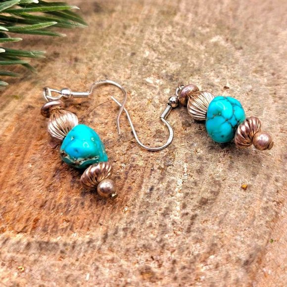 Beautiful Nature Turquoise Raw Stone Sterling S925 Dangle Earring - Picture 4 of 10